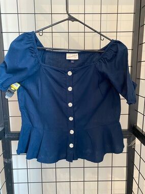 Universal Thread Navy Button-Front Peplum Top with Puff Sleeves